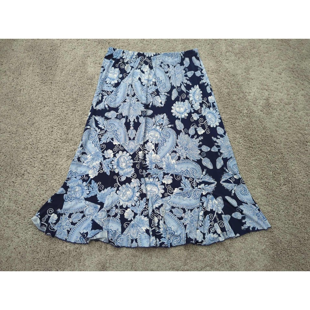 Jesse & J Skirt Womens 1X PLUS Blue Paisley Elastic‎ Waist Poly Maxi Boho Casual